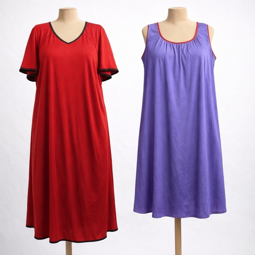 Lot of 2 Vintage Y2K Satin Nightgowns Plus Size 1X Red Purple Sleepwear‎ Nylon